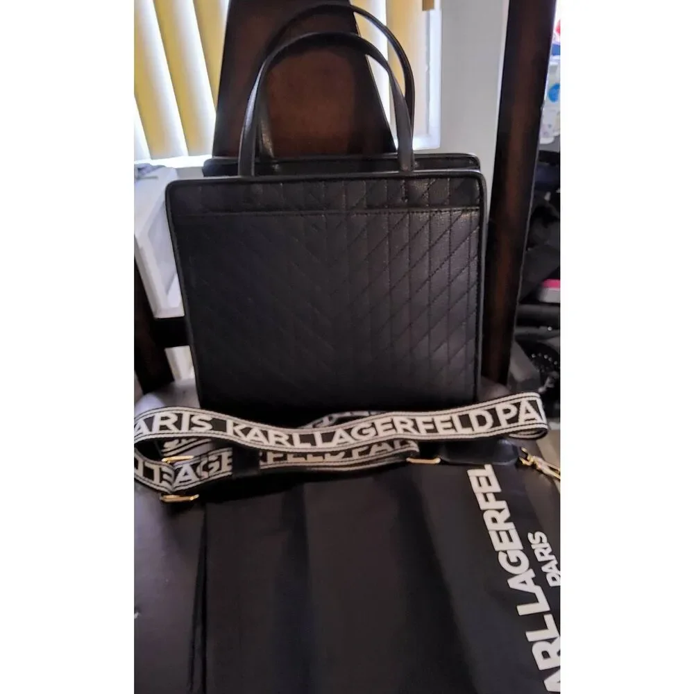NWT~KARL LAGERFELD Women's Black/Gold Maybelle Pins Satchel Handbag Purse